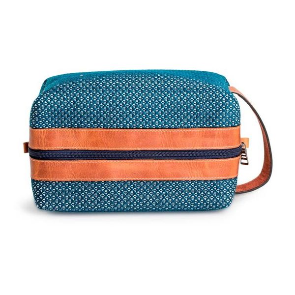 Alternate image for Turquoise and Caramel Leather Handwoven Cotton Toiletry Bag Illusions in Turquoise