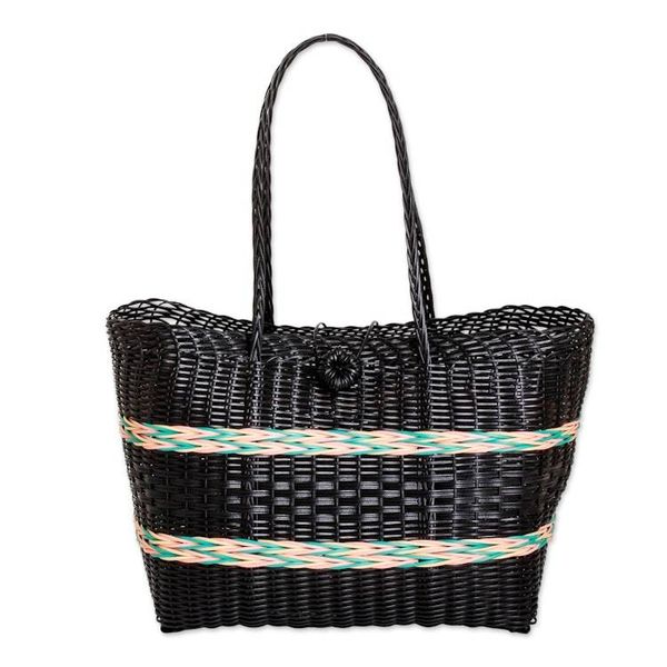 Alternate image for Handwoven Eco-Friendly Striped Black and Pastel Shoulder Bag Nocturnal Waves