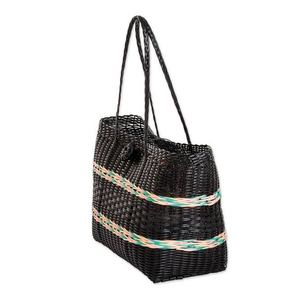 Alternate image for Handwoven Eco-Friendly Striped Black and Pastel Shoulder Bag Nocturnal Waves