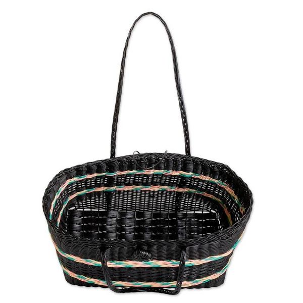 Alternate image for Handwoven Eco-Friendly Striped Black and Pastel Shoulder Bag Nocturnal Waves