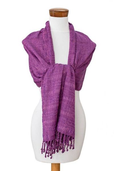 Alternate image for Hand-Woven Textured Fringed Cotton Scarf in Purple and Pink Purple Serenade