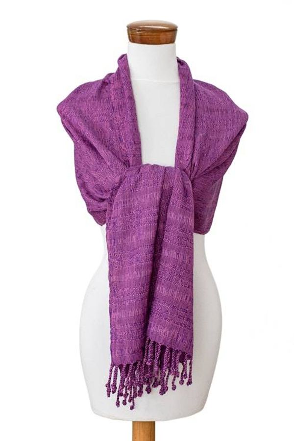 Alternate image for Hand-Woven Textured Fringed Cotton Scarf in Purple and Pink Purple Serenade