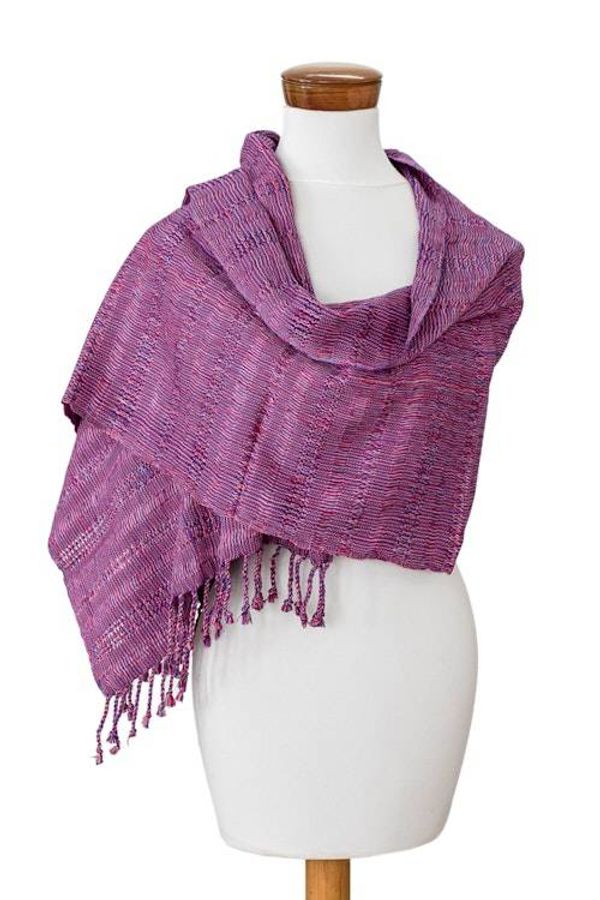 Alternate image for Pink Textured Fringed Cotton Scarf Hand-Woven in Guatemala Pink Fusion