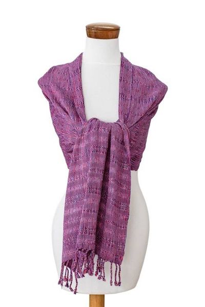 Alternate image for Pink Textured Fringed Cotton Scarf Hand-Woven in Guatemala Pink Fusion