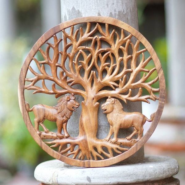 Alternate image for Nature-Themed Hand-Carved Suar Wood Relief Panel of Lions Jungle Monarch