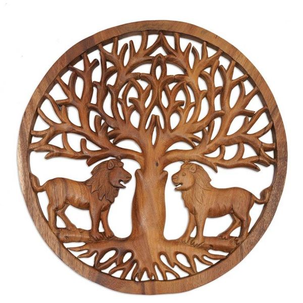 Alternate image for Nature-Themed Hand-Carved Suar Wood Relief Panel of Lions Jungle Monarch