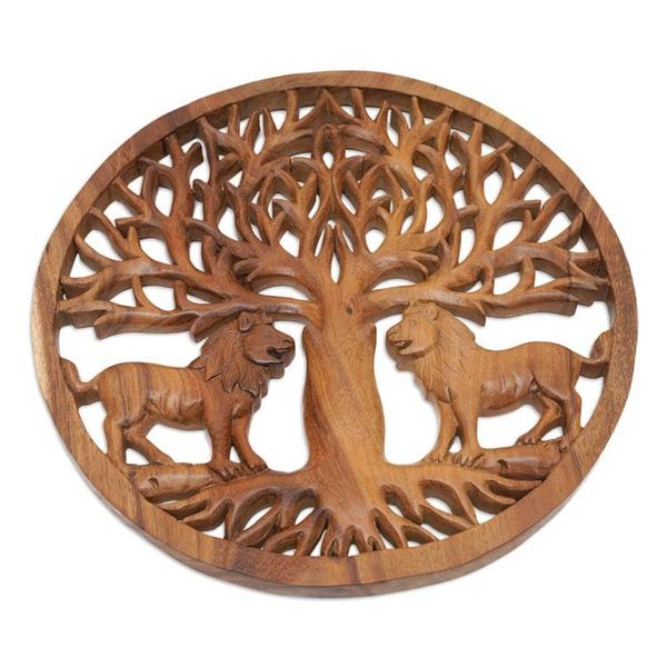 Alternate image for Nature-Themed Hand-Carved Suar Wood Relief Panel of Lions Jungle Monarch