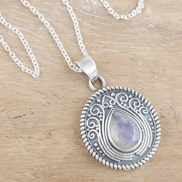 Alternate image for Rainbow Moonstone 925 Silver Pendant Necklace Iridescent Charm