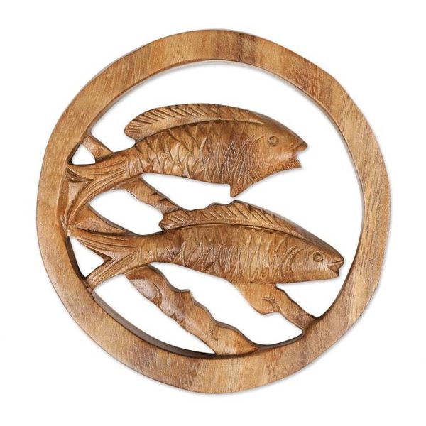 Alternate image for Pisces-Themed Hand-Carved Round Suar Wood Relief Panel Pisces Firmament