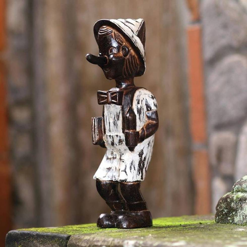 Hand-Carved Distressed Wood Sculpture from Bali 'Playful Boy'