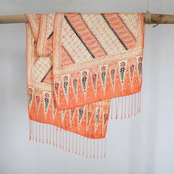 Alternate image for Batik Silk Scarf with Parang Motifs in Mandarin from Bali Parang World in Mandarin