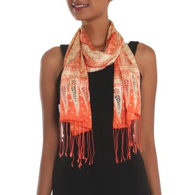 Alternate image for Batik Silk Scarf with Parang Motifs in Mandarin from Bali Parang World in Mandarin