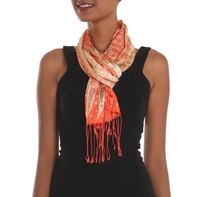 Alternate image for Batik Silk Scarf with Parang Motifs in Mandarin from Bali Parang World in Mandarin