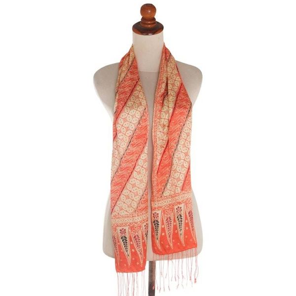 Alternate image for Batik Silk Scarf with Parang Motifs in Mandarin from Bali Parang World in Mandarin