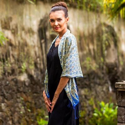Alternate image for Batik Silk Scarf with Floral Motifs in Chartreuse from Bali Truntum World in Chartreuse