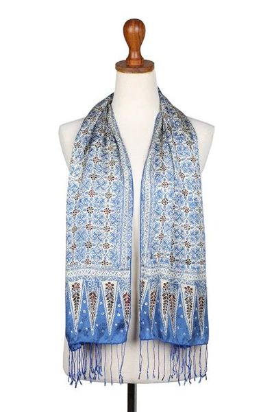 Alternate image for Batik Silk Scarf with Floral Motifs in Chartreuse from Bali Truntum World in Chartreuse