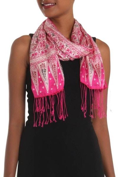 Alternate image for Batik Silk Scarf with Truntum Motifs in Fuchsia from Bali Truntum World in Fuchsia