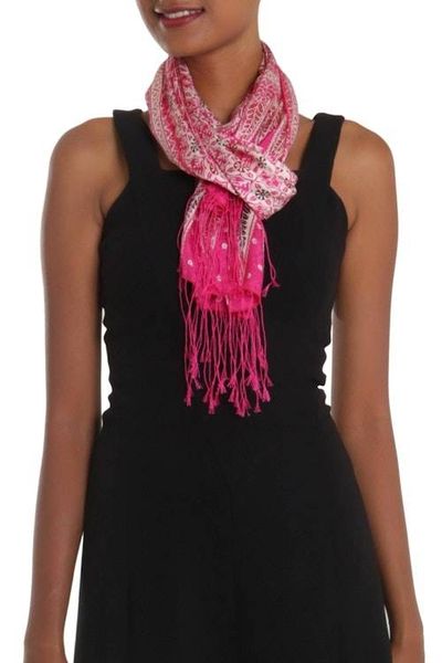 Alternate image for Batik Silk Scarf with Truntum Motifs in Fuchsia from Bali Truntum World in Fuchsia