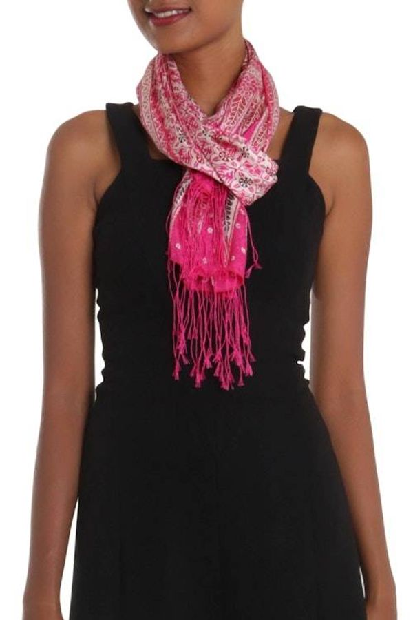 Alternate image for Batik Silk Scarf with Truntum Motifs in Fuchsia from Bali Truntum World in Fuchsia