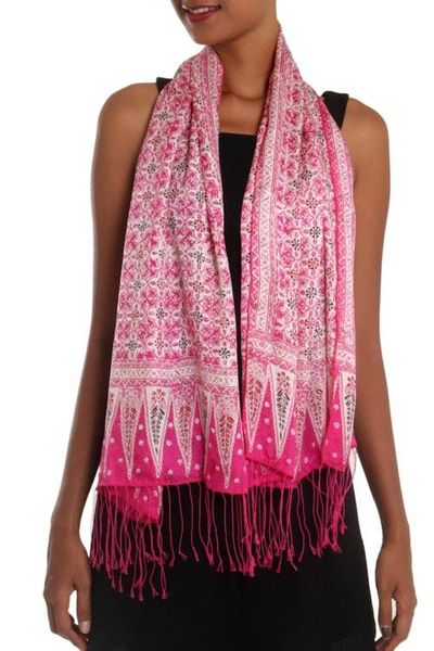 Alternate image for Batik Silk Scarf with Truntum Motifs in Fuchsia from Bali Truntum World in Fuchsia