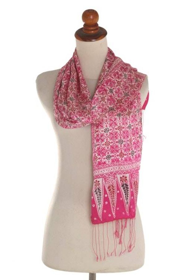Alternate image for Batik Silk Scarf with Truntum Motifs in Fuchsia from Bali Truntum World in Fuchsia