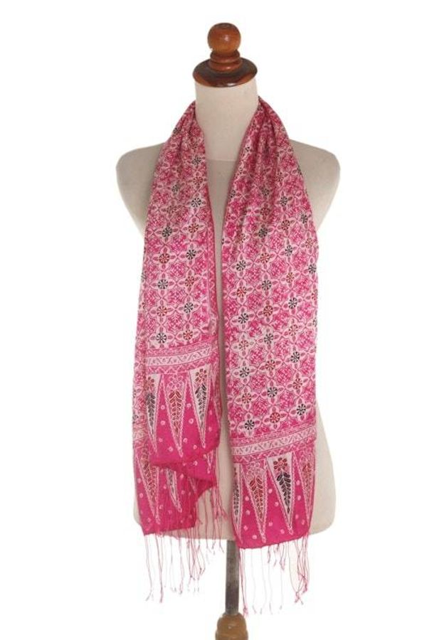 Alternate image for Batik Silk Scarf with Truntum Motifs in Fuchsia from Bali Truntum World in Fuchsia