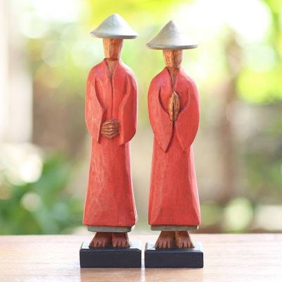 Alternate image for Hand Carved Red Robed Wood Farmer Statuettes Pair Neighborly Couple