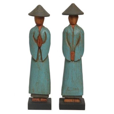Alternate image for Handmade Albesia Wood Sculpture Pair Indonesian Farmer Farmer Greetings