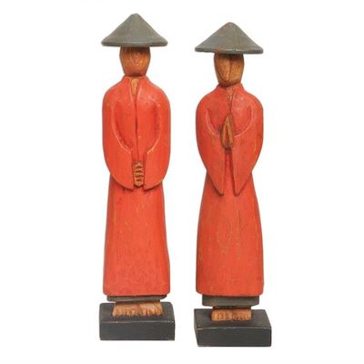 Alternate image for Hand Carved Red Robed Wood Farmer Statuettes Pair Neighborly Couple