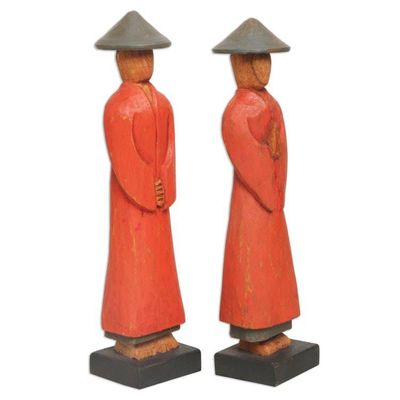 Alternate image for Hand Carved Red Robed Wood Farmer Statuettes Pair Neighborly Couple