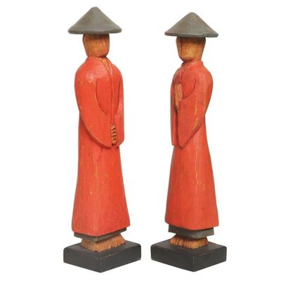 Alternate image for Hand Carved Red Robed Wood Farmer Statuettes Pair Neighborly Couple