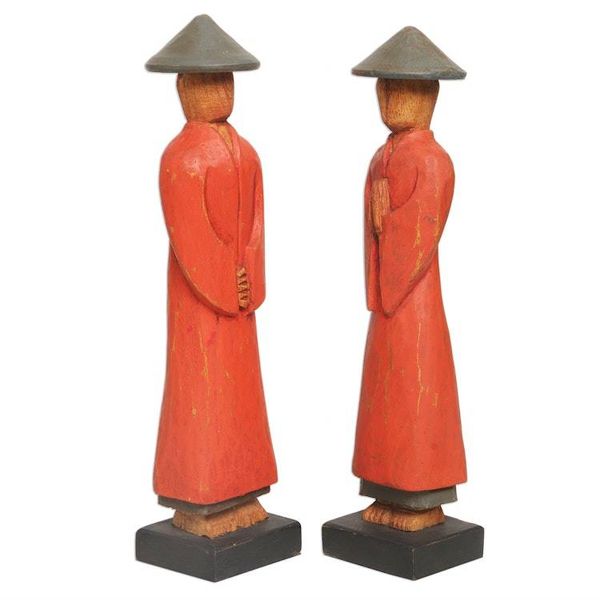 Alternate image for Hand Carved Red Robed Wood Farmer Statuettes Pair Neighborly Couple