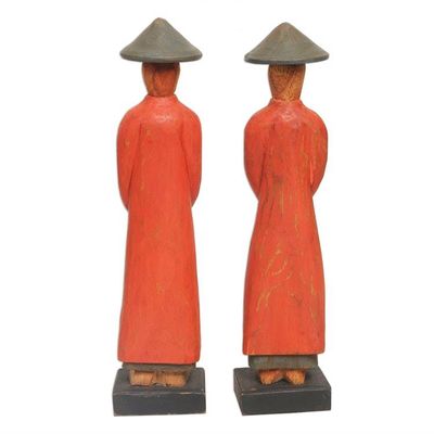 Alternate image for Hand Carved Red Robed Wood Farmer Statuettes Pair Neighborly Couple