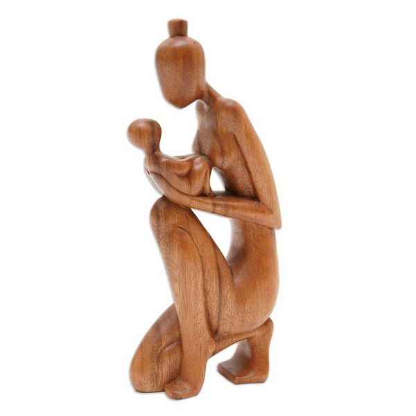 Alternate image for Hand-Carved Suar Wood Newborn Wonder Motherhood Sculpture Newborn Wonder