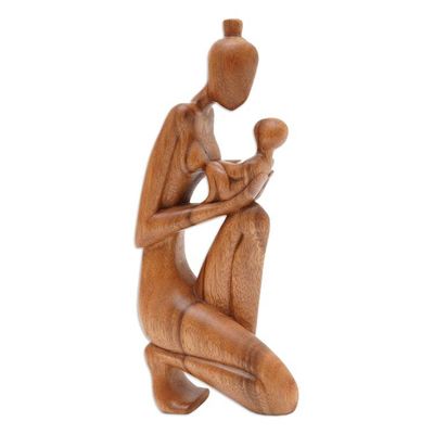 Alternate image for Hand-Carved Suar Wood Newborn Wonder Motherhood Sculpture Newborn Wonder