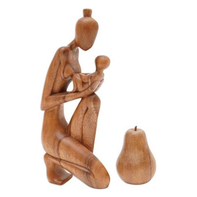 Alternate image for Hand-Carved Suar Wood Newborn Wonder Motherhood Sculpture Newborn Wonder