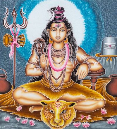 Primary image for Balinese Fine Art Batik Painting of the Hindu Lord Shiva Blessing Shiva