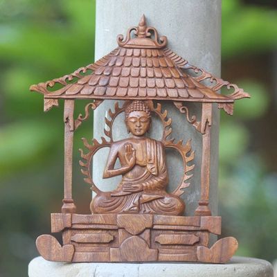 Alternate image for Hand-carved Wood Wall Panel Buddhist Sculpture Solemn Buddha
