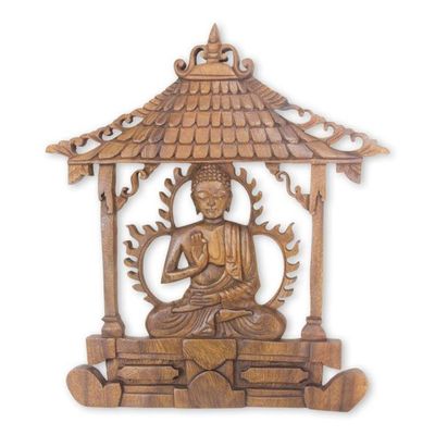 Alternate image for Hand-carved Wood Wall Panel Buddhist Sculpture Solemn Buddha
