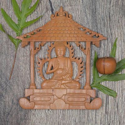 Alternate image for Hand-carved Wood Wall Panel Buddhist Sculpture Solemn Buddha