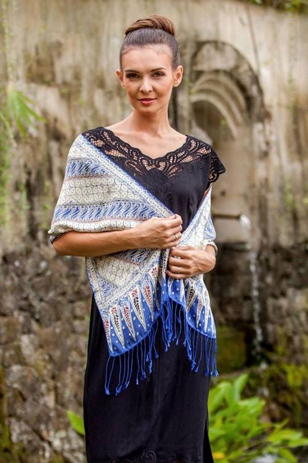 Alternate image for Batik Silk Scarf with Parang Motifs in Indigo from Bali Parang World in Indigo