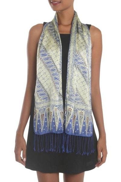 Alternate image for Batik Silk Scarf with Parang Motifs in Indigo from Bali Parang World in Indigo