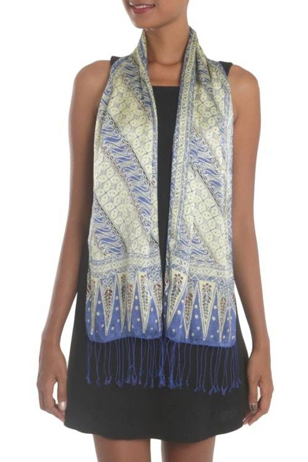 Alternate image for Batik Silk Scarf with Parang Motifs in Indigo from Bali Parang World in Indigo