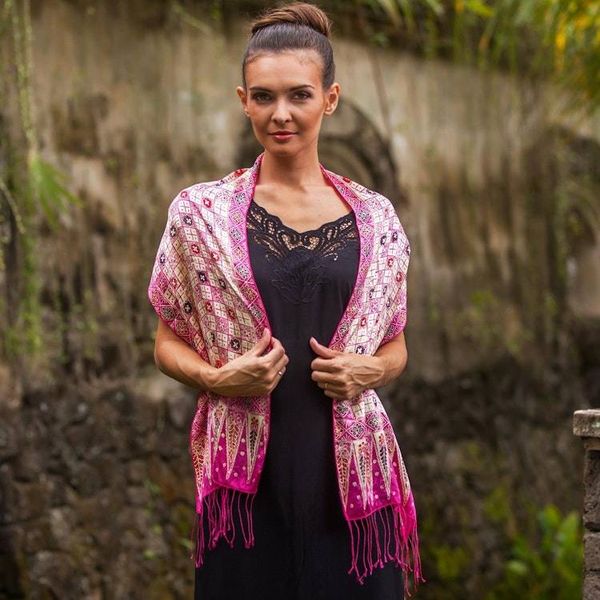 Alternate image for Batik Silk Scarf with Truntum Motifs in Azalea from Bali Azalea Truntum