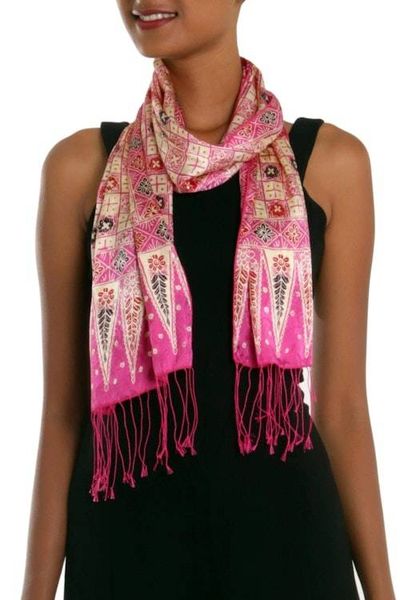 Alternate image for Batik Silk Scarf with Truntum Motifs in Azalea from Bali Azalea Truntum