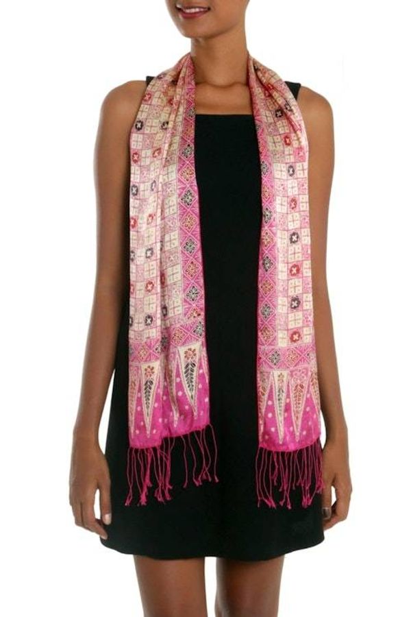Alternate image for Batik Silk Scarf with Truntum Motifs in Azalea from Bali Azalea Truntum