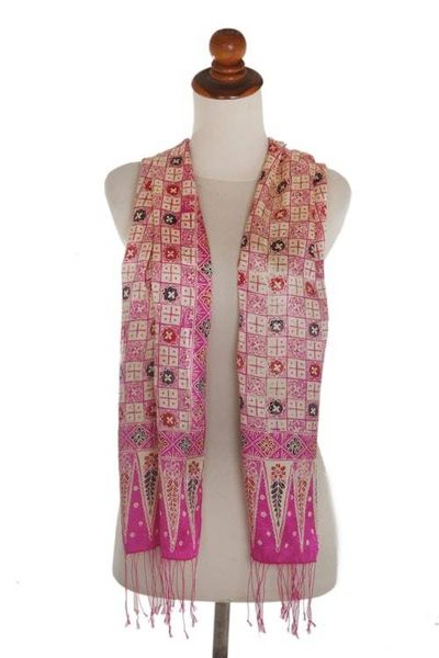 Alternate image for Batik Silk Scarf with Truntum Motifs in Azalea from Bali Azalea Truntum