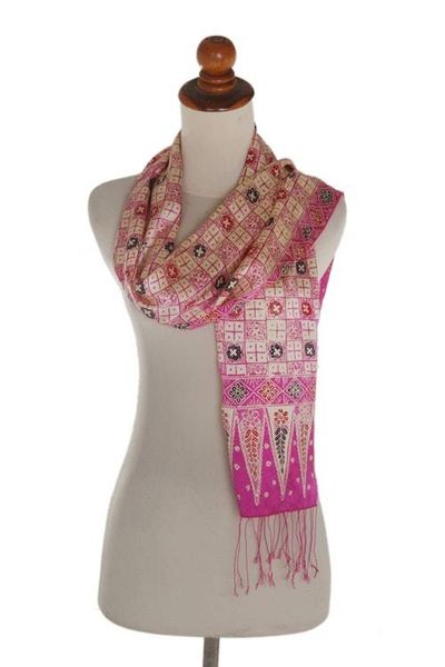 Alternate image for Batik Silk Scarf with Truntum Motifs in Azalea from Bali Azalea Truntum