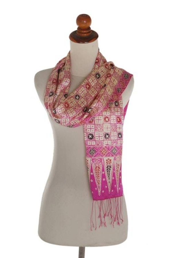 Alternate image for Batik Silk Scarf with Truntum Motifs in Azalea from Bali Azalea Truntum