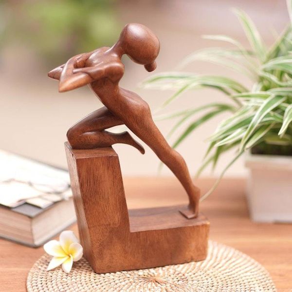 Alternate image for Hand-Carved Brown Suar Wood Sculpture of Flexing Woman Free Beauty